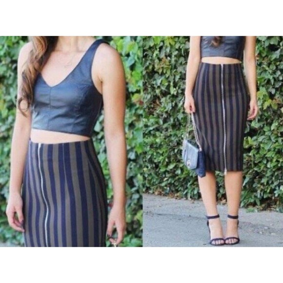 ZARA Med Navy/Olive Stripe Whimsigoth Zip Front Pencil Sheath Skirt High Waist - Picture 2 of 9